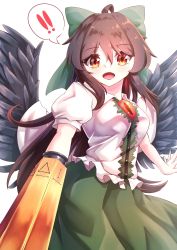 Rule 34 | !, !!, 1girl, absurdres, ahoge, arm cannon, bird wings, black wings, blush, bow, breasts, brown eyes, brown hair, buttons, cape, center frills, collared shirt, commentary, control rod, cowboy shot, frills, green bow, green skirt, hair between eyes, hair bow, highres, long hair, looking at viewer, medium breasts, open mouth, puffy short sleeves, puffy sleeves, reiuji utsuho, shirt, short sleeves, simple background, skirt, smile, solo, spoken exclamation mark, suzuki eiru, third eye, touhou, weapon, white background, white cape, white shirt, wings
