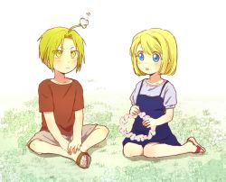 Rule 34 | 1boy, 1girl, :o, ahoge, blonde hair, blue eyes, blush, bug, butterfly, butterfly on hair, clover, dress, edward elric, expressionless, eyes visible through hair, fingernails, fullmetal alchemist, grass, grey shirt, head wreath, holding, bug, crossed legs, looking at another, puffy sleeves, red shirt, sandals, seiza, shirt, short hair, short sleeves, shorts, simple background, sitting, sleeveless, sleeveless dress, tsukuda0310, white background, winry rockbell, yellow eyes, aged down