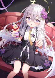 Rule 34 | 1girl, angel wings, azusa (blue archive), black skirt, blue archive, blush, collared shirt, feathered wings, feet out of frame, flower, food, grey hair, hair between eyes, hair flower, hair ornament, halo, highres, holding, holding spoon, long hair, looking at viewer, open mouth, parfait, purple eyes, purple flower, retsuto, shirt, short sleeves, skirt, solo, spoon, white shirt, white wings, wings, yellow halo