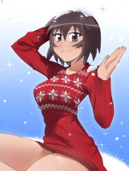 Rule 34 | 1girl, arm behind head, azumanga daiou, blue background, blush, breasts, brown eyes, brown hair, closed mouth, commentary, english commentary, eqe (artist), gradient background, hair between eyes, hand up, highres, kagura (azumanga daioh), large breasts, light smile, long sleeves, looking at viewer, no pants, red sweater, ribbed sweater, short hair, smile, snow, snow on head, snowflake print, snowing, solo, sparkle, sweater, thigh focus, white background