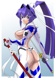 Rule 34 | 1girl, blue hair, bodysuit, breasts, covered erect nipples, large breasts, long hair, misnon the great, mitsurugi meiya, muv-luv, muv-luv alternative, muv-luv total eclipse, pilot suit, see-through bodysuit, solo, sword, weapon