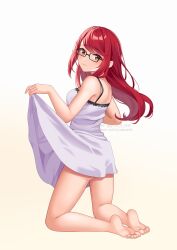 1girl barefoot black-framed_eyewear closed_mouth clothes_lift commentary dress dress_lift english_commentary furrowed_brow glasses gradient_background highres kneeling long_hair looking_back nightgown persona persona_5 persona_5_the_royal red_eyes red_hair simple_background smile solo white_background yoshizawa_kasumi yura_s_arts