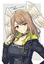 Rule 34 | 1girl, black bodysuit, black choker, black jacket, blue eyes, bodysuit, breast tattoo, breasts, brown hair, choker, cleavage, eunie (xenoblade), head wings, highres, hood, jacket, large breasts, long hair, looking at viewer, medium hair, mochimochi (xseynao), open clothes, open jacket, smile, solo, tattoo, white wings, wings, xenoblade chronicles (series), xenoblade chronicles 3