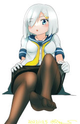 Rule 34 | 1girl, black pantyhose, blue eyes, breasts, cowboy shot, dated, eyes visible through hair, feet, foot focus, gloves, hair ornament, hair over one eye, hairclip, hamakaze (kancolle), kantai collection, medium breasts, neckerchief, one-hour drawing challenge, pantyhose, pleated skirt, ray.s, school uniform, serafuku, short hair, simple background, sitting, skirt, skirt hold, solo, twitter username, white background, white gloves, white hair, yellow neckerchief