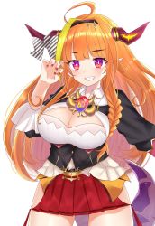 Rule 34 | 1girl, ahoge, blush, bow, breasts, brooch, claw pose, cleavage, cowboy shot, dragon girl, dragon horns, dragon tail, hairband, highres, hololive, horn bow, horn ornament, horns, jewelry, kiryu coco, kiryu coco (1st costume), large breasts, long hair, looking at viewer, marumaruru, miniskirt, open mouth, orange hair, red eyes, red skirt, skirt, smile, solo, tail, thighhighs, virtual youtuber