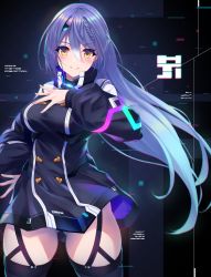 Rule 34 | 1girl, barcode, blue hair, blush, braid, chromatic aberration, closed mouth, cowboy shot, dress, english text, etra (icetea), fukai ryosuke, garter straps, gluteal fold, hair between eyes, hand on own chest, high collar, highres, long sleeves, looking at viewer, moemi &amp; yomemi channel, official art, puffy sleeves, short dress, skindentation, smile, solo, thighhighs, virtual youtuber, yellow eyes