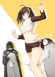 Rule 34 | 1girl, 1other, absurdres, ahoge, alternate costume, arknights, arm up, artist name, bare legs, bird, black gloves, black hair, black shorts, blush, clothes pull, coat, coffee mug, crop top, cup, doctor (arknights), feet out of frame, from below, gloves, highres, hood, hooded coat, long sleeves, looking down, magallan (arknights), mask, motion blur, mug, multicolored hair, navel, open clothes, open coat, open mouth, panties, penguin, pulling another&#039;s clothes, raglan sleeves, shaded face, shirt, short hair, short shorts, shorts, shorts pull, silver hair, skindentation, standing, stomach, streaked hair, two-tone background, two-tone hair, underwear, white shirt, y0ung, yellow eyes, yellow panties
