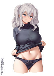 Rule 34 | 1girl, black panties, black shirt, blue eyes, blush, breasts, closed mouth, ebifurya, grey hair, hair between eyes, highres, kantai collection, kashima (kancolle), large breasts, lifting own clothes, long sleeves, looking at viewer, navel, panties, shirt, short hair, simple background, smile, solo, thighs, turtleneck, twintails, twitter username, underwear, white background
