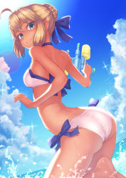 Rule 34 | 1girl, ahoge, arched back, artoria pendragon (all), artoria pendragon (fate), artoria pendragon (swimsuit archer) (fate), artoria pendragon (swimsuit archer) (first ascension) (fate), ass, bad id, bad pixiv id, bare arms, bare shoulders, barefoot, bikini, blonde hair, blue ribbon, blue sky, braid, breasts, closed mouth, cloud, cloudy sky, day, eyelashes, fate/grand order, fate/stay night, fate (series), fingernails, french braid, from side, green eyes, hair between eyes, hair bun, hair ribbon, leg up, long fingernails, looking at viewer, looking to the side, ocean, outdoors, ribbon, ryuinu, saber (fate), short hair, shoulder blades, side-tie bikini bottom, sidelocks, single hair bun, sky, small breasts, smile, solo, sparkle, splashing, standing, standing on one leg, swimsuit, trigger discipline, water, water drop, water gun, white bikini