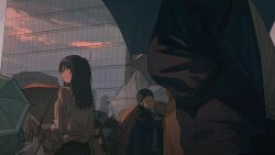 Rule 34 | 1girl, black hair, blue sky, broken umbrella, building, closed mouth, commentary, crowd, english commentary, faceless, faceless male, from behind, highres, holding, holding umbrella, jiankun yu, long hair, original, rain, reflection, shirt, shirt tucked in, sky, skyscraper, solo focus, sunset, umbrella, wet, wet clothes, white shirt, wide shot
