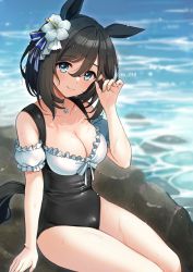 Rule 34 | 1girl, animal ears, arm at side, bare shoulders, black choker, black hair, black one-piece swimsuit, blue eyes, blush, breasts, casual one-piece swimsuit, choker, cleavage, closed mouth, clothing cutout, collarbone, day, detached sleeves, eishin flash (umamusume), feet out of frame, flower, frilled sleeves, frills, hair between eyes, hair flower, hair ornament, hibiscus, horse ears, horse girl, horse tail, iro 178, large breasts, looking at viewer, one-piece swimsuit, outdoors, puffy short sleeves, puffy sleeves, rock, short hair, short sleeves, sitting, smile, solo, star (symbol), swimsuit, tail, tail through clothes, thighs, twitter username, umamusume, water, white flower