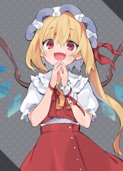 Rule 34 | 1girl, akagashi hagane, ascot, blonde hair, buttons, crystal, fang, flandre scarlet, frills, grey background, hands up, hat, hat ribbon, long hair, mob cap, open mouth, own hands together, red eyes, red ribbon, red skirt, red vest, ribbon, shirt, short hair with long locks, short sleeves, side ponytail, skirt, smile, solo, touhou, upper body, vest, white hat, white shirt, wings, wrist cuffs, wrist ribbon, yellow ascot
