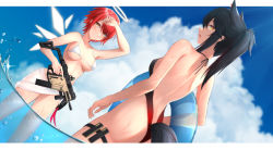 Rule 34 | 2girls, air bubble, arknights, arm up, ass, bare arms, bare shoulders, bikini, black hair, blue sky, bubble, cloud, commentary, day, dutch angle, extra ears, exusiai (arknights), grin, gun, halo, highres, holding, holding gun, holding weapon, kriss vector, long hair, looking at viewer, multiple girls, nankaichimu, outdoors, ponytail, red hair, revision, sarong, shading eyes, short hair, sky, smile, stomach, submachine gun, swimsuit, tail, texas (arknights), thigh strap, thighs, wading, water, weapon, white bikini, wolf tail, yellow eyes