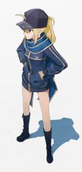Rule 34 | 1girl, ahoge, artoria pendragon (fate), baseball cap, black footwear, black hat, blonde hair, blue eyes, blue jacket, boots, breasts, cross-laced footwear, fate/grand order, fate (series), full body, grey background, hands in pockets, hat, highres, jacket, lace-up boots, long hair, long sleeves, looking afar, mysterious heroine x (fate), open mouth, ponytail, scarf, shadow, sidelocks, simple background, small breasts, solo, standing, urayamashiro (artist)