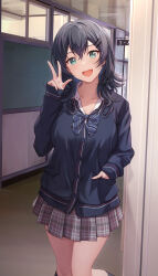 Rule 34 | 1girl, :d, against wall, black footwear, black hair, blue bow, blue jacket, blush, bow, buttons, classroom, collarbone, collared shirt, cowboy shot, dot nose, hair between eyes, hair ornament, hairclip, hallway, hand in pocket, hand up, head tilt, highres, indoors, jacket, kneehighs, legs together, long hair, long sleeves, looking at viewer, miniskirt, open mouth, original, plaid, plaid skirt, pleated skirt, school, shamakho, shirt, skirt, sleeves past wrists, smile, socks, solo, standing, striped bow, striped clothes, striped jacket, teeth, thighs, upper teeth only, v, white shirt