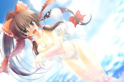Rule 34 | 1girl, bikini, blue sky, blush, bow, breasts, brown eyes, brown hair, clothes theft, colorized, covering privates, covering breasts, day, female focus, gap (touhou), hair bow, hair tubes, hakurei reimu, long hair, ocean, open mouth, ponytail, portal (object), sky, solo, swimsuit, swimsuit theft, tears, theft, tilm, touhou, yamu (reverse noise)
