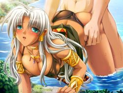 Rule 34 | 1boy, 1girl, bikini, bikini bottom aside, blue eyes, blush, breasts, clothed female nude male, clothed sex, clothing aside, covered erect nipples, dark skin, doggystyle, earrings, game cg, gedou yuusha, hetero, ilfa (gedou yuusha), jewelry, large breasts, long hair, necklace, nomad, nude, partially submerged, see-through, sex, sex from behind, silver hair, sweat, swimsuit, torso grab, water