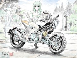 Rule 34 | 10s, 1girl, alternate eye color, alternate hair color, artist name, bodysuit, boots, building, bush, closed mouth, cloud, cloudy sky, commentary, dated, day, girls und panzer, gloves, green eyes, green hair, hand on own hip, helmet, highres, kubota shinji, long hair, looking at viewer, motor vehicle, motorcycle, motorcycle helmet, nishizumi shiho, outdoors, riding, shadow, shimada arisu, shimada chiyo, signature, sky, smile, solo, standing, statue, tree, vehicle request, watermark, white bodysuit, white footwear, white gloves