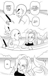 Rule 34 | !?, 1boy, 1girl, android 18, bald, breasts, bulging eyes, comic, double take, dragon ball, dragonball z, fins, fish tail, fishing rod, funsexydb, greyscale, hand on own face, highres, kuririn, large breasts, long hair, meet cute, mermaid, monochrome, monster girl, monsterification, octopus, scales, tail, thick eyebrows