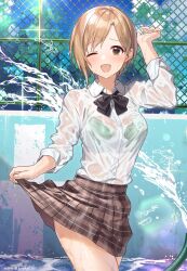 Rule 34 | 1girl, ;d, aiba yumi, black bow, black bowtie, blush, bow, bowtie, bra, bra visible through clothes, breasts, brown skirt, chain-link fence, fence, green bra, highres, hose, idolmaster, idolmaster cinderella girls, lace, lace-trimmed bra, lace trim, light brown hair, looking at viewer, medium breasts, one eye closed, open mouth, plaid, plaid skirt, pleated skirt, pool, school, school uniform, shirt, skirt, skirt hold, smile, solo, splashing, takeko spla, underwear, wading, wet, wet clothes, wet shirt, white shirt