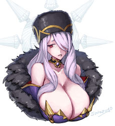 Rule 34 | 1girl, bare shoulders, blood, bloody tears, breasts, choker, cleavage, crying, crymaria levin, detached sleeves, feather boa, fur hat, gem, hair over one eye, hat, highres, huge breasts, impossible clothes, junkpuyo, light purple hair, long hair, low neckline, senjou no valkyria (series), senjou no valkyria 4, strapless, upper body, ushanka