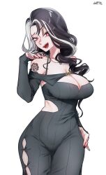 Rule 34 | 1girl, arm tattoo, bare shoulders, bibie307, black dress, black hair, breasts, cleavage, clothing cutout, dated, dress, flower tattoo, goddess of victory: nikke, hand on own hip, hand on own shoulder, highres, jewelry, large breasts, long hair, multicolored hair, nail polish, necklace, off-shoulder dress, off shoulder, official alternate costume, open mouth, parted hair, pink eyes, red nails, rosanna (nikke), simple background, solo, split-color hair, tattoo, white background, white hair