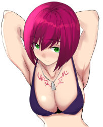 Rule 34 | 1girl, bikini, bikini top only, breasts, cleavage, closed mouth, green eyes, jewelry, kuriasutairu, large breasts, looking at viewer, necklace, nel zelpher, red hair, short hair, simple background, solo, star ocean, star ocean anamnesis, star ocean till the end of time, swimsuit, tattoo, white background