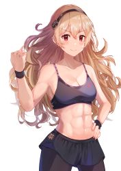 Rule 34 | 1girl, abs, absurdres, bare shoulders, belt, bikini, black legwear, black skirt, blonde hair, breasts, cleavage, clenched hand, collarbone, commission, corrin (female) (fire emblem), corrin (female) (summer) (fire emblem), corrin (fire emblem), fire emblem, fire emblem fates, hair between eyes, hair ornament, hand on own hip, hand up, haru yu, highres, long hair, miniskirt, muscular, muscular female, navel, nintendo, official alternate costume, pixiv commission, red eyes, simple background, skirt, smile, solo, sports bra, swimsuit, white background, wristband