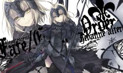 Rule 34 | &gt;:), 1girl, ahoge, armor, armored dress, artist name, black thighhighs, breasts, chain, character name, closed mouth, copyright name, fate/grand order, fate (series), flag, gauntlets, head tilt, headpiece, holding, holding sword, holding weapon, jeanne d&#039;arc (fate), jeanne d&#039;arc alter (avenger) (fate), jeanne d&#039;arc alter (fate), kobayashi yoshitaka, looking at viewer, short hair, silver hair, small breasts, solo, sword, thighhighs, v-shaped eyebrows, weapon, yellow eyes, zoom layer