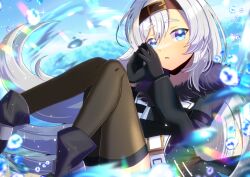 Rule 34 | 1girl, azur lane, black footwear, black gloves, black jacket, blue eyes, blurry, blurry foreground, bon homme richard (azur lane), boots, brown thighhighs, commentary request, commission, depth of field, floating hair, fur-trimmed jacket, fur trim, gloves, hair between eyes, hands up, jacket, knees together feet apart, knees up, kou hiyoyo, long hair, long sleeves, looking at viewer, parted lips, skeb commission, solo, steepled fingers, thick eyebrows, thighhighs, thighhighs under boots, very long hair, water, water drop