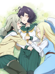 3girls araga_kiwi arm_hug belt black_hair blonde_hair blouse blue_dress cardigan closed_eyes commentary double_bun dress drooling fang green_sailor_collar green_skirt hair_bun hat highres hiiragi_utena holding_another&#039;s_arm leather_belt long_hair lying mahou_shoujo_ni_akogarete morino_korisu multiple_girls on_grass open_mouth pleated_skirt sailor_collar saliva school_uniform serafuku shirt short_hair skirt sleeping thighhighs white_shirt white_sleeves x3_xy3_(jtsu4377) yellow_cardigan yuri