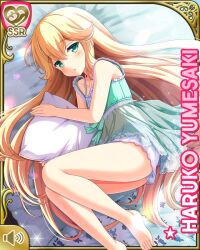 Rule 34 | 1girl, :o, alternate hairstyle, barefoot, bed, blonde hair, bow, card (medium), character name, day, dress, frilled dress, frills, girlfriend (kari), green bow, green dress, green eyes, indoors, long hair, lying, official art, on bed, on side, open mouth, qp:flapper, sleepwear, tagme, yumesaki haruko