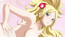 Rule 34 | 1girl, artist request, blonde hair, blue eyes, breasts, earrings, fairy tail, female focus, flower, gold, hair flower, hair ornament, jenny realight, jewelry, large breasts, long hair, no bra, nude, open mouth, smile, solo, upper body