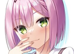 Rule 34 | &gt;:), 1girl, blunt bangs, blush, close-up, closed mouth, commentary request, eyelashes, eyes visible through hair, finger to mouth, fingernails, green eyes, gyaoo yuzu soft, hand up, heart, heart-shaped pupils, looking at viewer, pink hair, short hair, simple background, smile, smug, solo, symbol-shaped pupils, tanikaze amane, tenshi souzou re-boot!, v-shaped eyebrows, white background