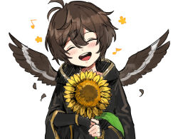 Rule 34 | 1boy, aged down, ahoge, brown hair, brown wings, closed eyes, commentary request, falling feathers, feathered wings, feathers, fingerless gloves, flower, gloves, granblue fantasy, grin, hair between eyes, highres, hood, hood down, light blush, male focus, messy hair, musical note, open mouth, oversized clothes, sandalphon (granblue fantasy), short hair, sketch, smile, solo, solo focus, spoken flower, spoken musical note, sunflower, teeth, tki, upper body, upper teeth only, white background, wings