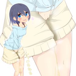 Rule 34 | 1girl, between legs, black bra, blue eyes, blue hair, blue shirt, blush, bra, bra strap, collarbone, embarrassed, female focus, hair between eyes, hand between legs, have to pee, highres, japanese text, kouyouchadhuke, long sleeves, looking at viewer, miniskirt, off shoulder, open mouth, original, outline, own hands together, peeing, peeing self, shirt, short hair, skirt, solo, standing, steam, sweat, translation request, underwear, v arms, wet, wet clothes, white outline, yellow skirt, zoom layer