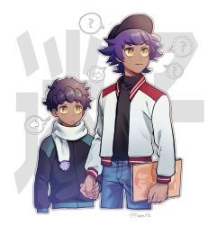 Rule 34 | 2boys, ?, aged down, baseball cap, blue pants, brothers, closed mouth, commentary request, creatures (company), dark-skinned male, dark skin, game freak, hat, highres, holding, holding hands, hop (pokemon), jacket, leon (pokemon), long sleeves, male focus, mappo m2, messy hair, multiple boys, nintendo, open clothes, open jacket, outline, pants, parted lips, pokemon, pokemon swsh, purple hair, scarf, shirt, short hair, siblings, spoken question mark, thought bubble, twitter username, white background, white scarf, yellow eyes