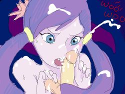 Rule 34 | 1girl, blue eyes, blue hair, caressing testicles, cum, facial, fellatio, ghost, hetero, oral, penis, raa (sonic), solo focus, sonic (series), testicles, tongue, twintails, uncensored