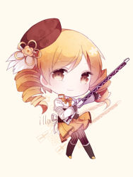 Rule 34 | 1girl, beige background, black footwear, blonde hair, boots, brown eyes, chibi, closed mouth, cuivre, drill hair, full body, gun, hair ornament, hat, holding, holding gun, holding weapon, long sleeves, looking at viewer, mahou shoujo madoka magica, mahou shoujo madoka magica (anime), musket, pleated skirt, shirt, simple background, skirt, smile, solo, striped clothes, striped thighhighs, thighhighs, tomoe mami, twin drills, vertical-striped clothes, vertical-striped thighhighs, weapon, white shirt, yellow skirt