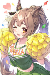 Rule 34 | 1girl, animal ears, breasts, brown eyes, brown hair, cheering, cheerleader, collarbone, commentary request, confetti, green skirt, heart, highres, holding, holding pom poms, horse ears, horse girl, horse tail, large breasts, long hair, navel, official alternate costume, one eye closed, open mouth, pleated skirt, pom pom (cheerleading), pom poms, ponytail, satono diamond (umamusume), simple background, skirt, smile, solo, tail, tomo (tmtm mf mf), umamusume, white background