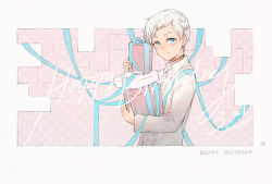 Rule 34 | 18 (backstreetno18), 1boy, birthday, blue eyes, blue ribbon, closed mouth, collar, collared shirt, commentary request, english text, from side, gift, happy birthday, holding, holding gift, long sleeves, looking at viewer, looking to the side, male focus, neck tattoo, norman (yakusoku no neverland), number tattoo, ribbon, shirt, simple background, smile, solo, tattoo, upper body, white hair, white shirt, yakusoku no neverland