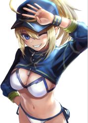 Rule 34 | 1girl, ahoge, artoria pendragon (fate), baseball cap, bikini, blonde hair, blue eyes, blue hat, breasts, commentary request, cowboy shot, cropped jacket, fate/grand order, fate (series), hair through headwear, hat, highres, medium breasts, mysterious heroine x (fate), mysterious heroine xx (fate), one eye closed, ponytail, sanshi, shrug (clothing), side-tie bikini bottom, simple background, solo, swimsuit, white background, white bikini, wristband