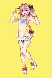 Rule 34 | 1boy, ankle bow, ankle ribbon, armpits, astolfo (fate), astolfo (sparkling frills) (fate), bare shoulders, bead bracelet, beads, black bow, black panties, black ribbon, bow, bracelet, braid, bulge, character name, collarbone, covered erect nipples, crop top, double v, fang, fate/grand order, fate (series), frills, full body, groin, hair between eyes, hair intakes, hair over shoulder, hair ribbon, hands up, high heels, highres, jewelry, knees together feet apart, leg ribbon, legs, long braid, long hair, looking at viewer, male focus, meme50, microskirt, multicolored hair, navel, official alternate costume, open mouth, panties, pantyshot, pink bow, pink hair, pleated skirt, purple eyes, ribbon, sandals, sidelocks, simple background, single braid, skirt, smile, solo, spaghetti strap, standing, standing on one leg, stomach, streaked hair, toenails, toes, trap, underwear, v, white footwear, white hair, wrist bow, yellow background, yellow eyes