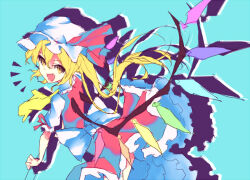 Rule 34 | 1girl, aqua background, ascot, back bow, blonde hair, bow, cowboy shot, fang, flandre scarlet, from side, hat, large bow, long hair, mob cap, multicolored wings, one side up, open mouth, puffy short sleeves, puffy sleeves, red ribbon, red skirt, red vest, ribbon, sato miya, shirt, short sleeves, simple background, skirt, sleeve ribbon, solo, touhou, vest, white bow, white hat, white shirt, wings, yellow ascot, yellow eyes
