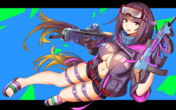 Rule 34 | 1girl, bare legs, belt, black gloves, black hair, breasts, fate (series), full body, gloves, goggles, goggles on head, gun, highres, j yak47, large breasts, letterboxed, long hair, navel, open mouth, osakabehime (fate), osakabehime (swimsuit archer) (fate), osakabehime (swimsuit archer) (first ascension) (fate), purple eyes, sandals, shorts, swimsuit, thigh strap, twintails, very long hair, weapon