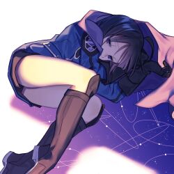 Rule 34 | 1girl, ahoge, amatori chika, arm pillow, black footwear, black gloves, black hair, black shorts, blue eyes, blue jacket, boots, cape, double exposure, feet out of frame, fetal position, from above, gloves, hands up, highres, jacket, knee boots, kuragesaki, legs, long sleeves, looking down, lying, mikumo squad&#039;s uniform, on side, orbital path, plantar flexion, purple cape, short hair, shorts, simple background, solo, space, uniform, white background, world trigger