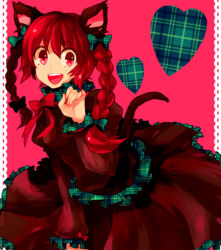 Rule 34 | 1girl, :d, animal ears, bad id, bad pixiv id, bow, braid, cat ears, cat girl, cat tail, dada, dada (dolce), female focus, frills, hair bow, kaenbyou rin, looking at viewer, multiple hair bows, open mouth, paw pose, pink background, pink eyes, red eyes, red hair, skirt, skirt set, smile, solo, tail, touhou, twin braids, unmoving pattern