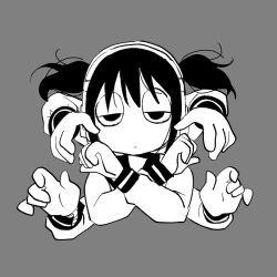 Rule 34 | 1girl, closed mouth, commentary, cropped torso, explosion psycho, expressionless, extra arms, floating hair, haguruma hasami (explosion psycho), half-closed eyes, hands up, headphones, looking at viewer, original, reaching, sanpaku, school uniform, serafuku, simple background, solid eyes, solo, symmetry, twintails, x arms