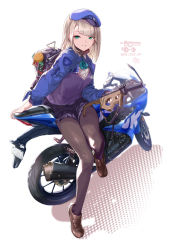 Rule 34 | 1girl, backpack, bag, blonde hair, green eyes, gun, jacket, loafers, medium hair, motor vehicle, motorcycle, ohland, open clothes, open jacket, original, pantyhose, pleated skirt, ribbon, shoes, sitting, skirt, smile, solo, sweater, weapon