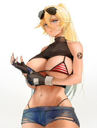 Rule 34 | 1girl, absurdres, american flag bikini, american flag print, arm tattoo, arm under breasts, azur lane, bikini, black gloves, black shirt, blonde hair, blue eyes, breasts, breasts out, cl (summer sama), cleavage cutout, closed mouth, clothing cutout, commentary, commission, denim, denim shorts, eyewear on head, fingerless gloves, flag print, gloves, hand on own arm, highleg, highleg bikini, highres, large breasts, long hair, looking at viewer, navel, pixiv commission, ponytail, print bikini, shirt, short shorts, shorts, simple background, solo, stomach, string bikini, sunglasses, swimsuit, tattoo, tennessee (azur lane), torn clothes, torn shirt